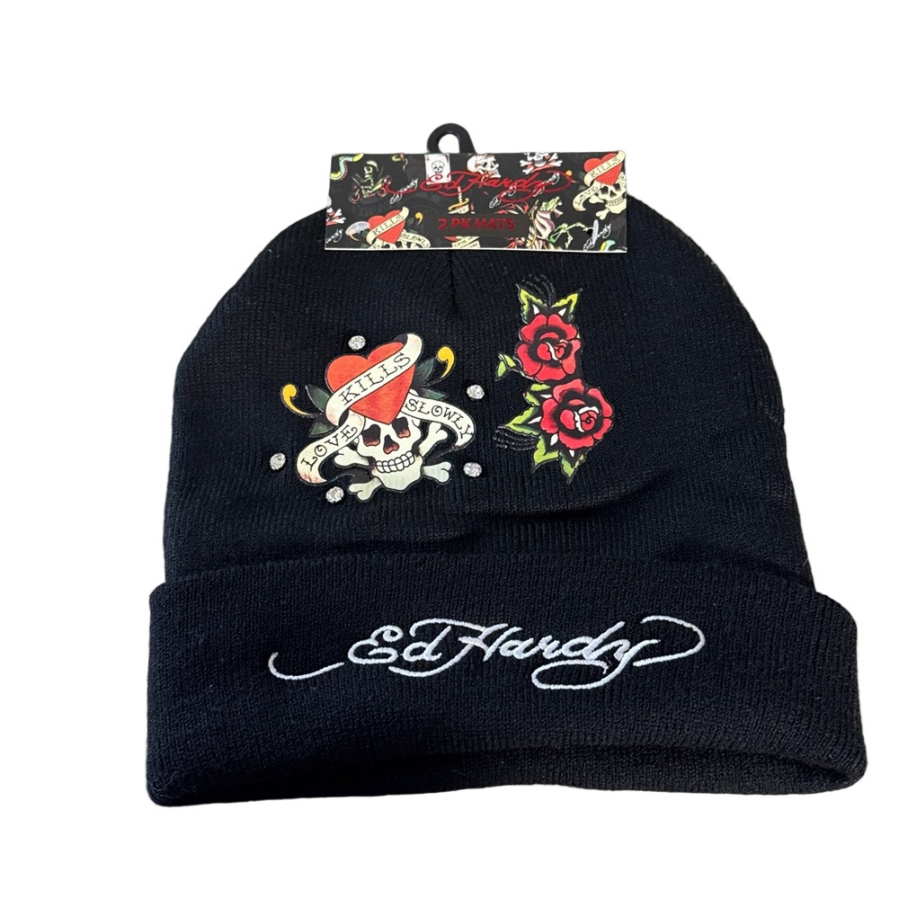 Ed Hardy Set of Two Hats Beanies Pink and Black with Crystal Embellishments NWT